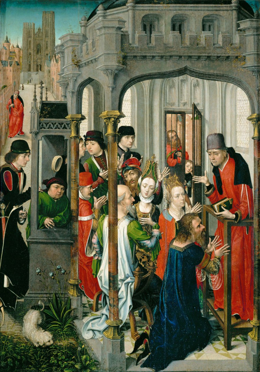 Die Predigt des Heiligen Gery, "die pastorale Predigt", mit der Kirche Saint Gudule im Hintergrund von Master of the View of Saint Gudula