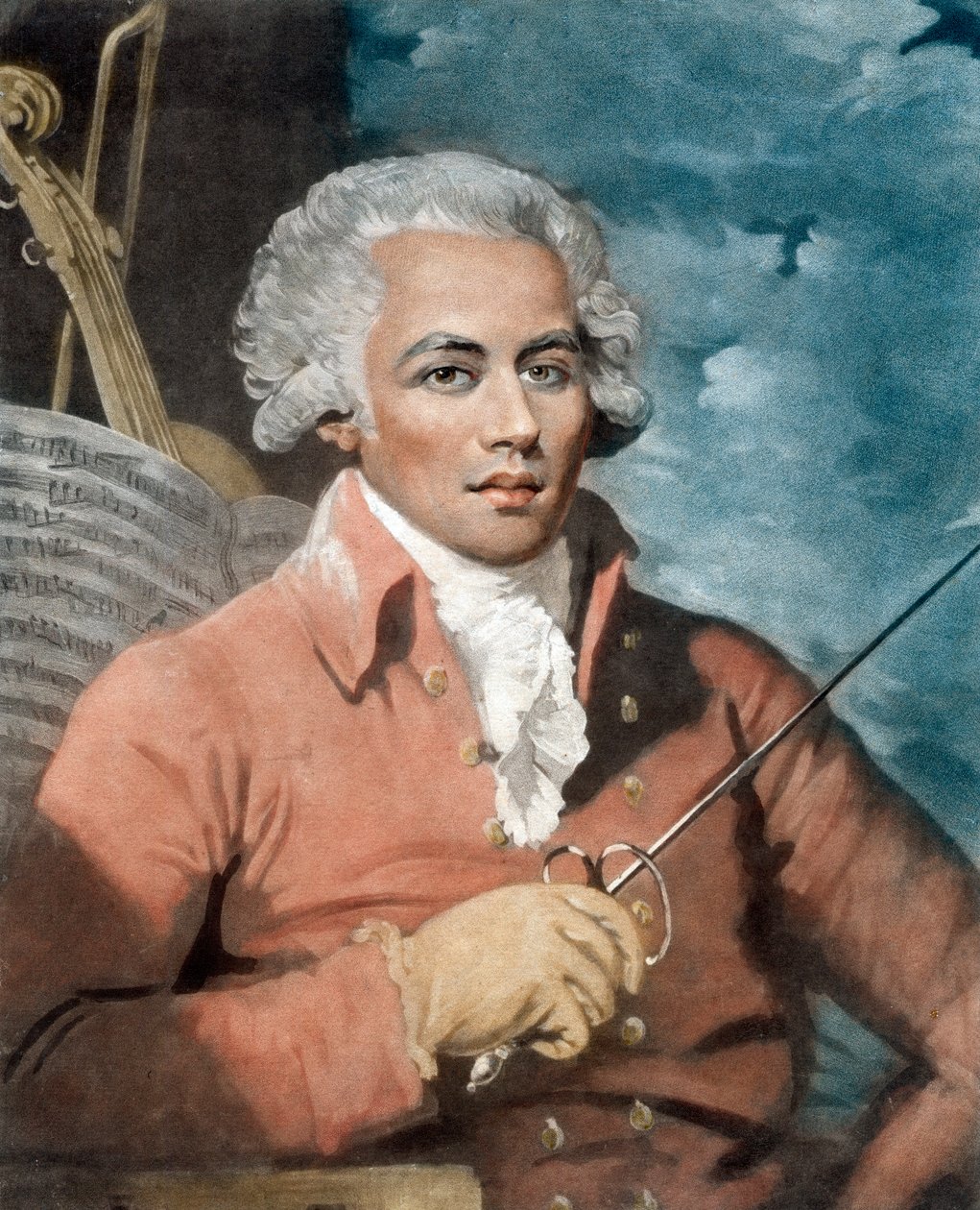 Joseph Boulogne (1748-99), Chevalier de Saint-George; Sohn eines französischen Plantagenbesitzers in Guadeloupe und einer Sklavin, Nanon, afrikanischer Herkunft - Porträt von Joseph Boulogne (1748-1799), Chevalier de Saint Georges (Saint-Georges), Komponis von Mather (after) Brown