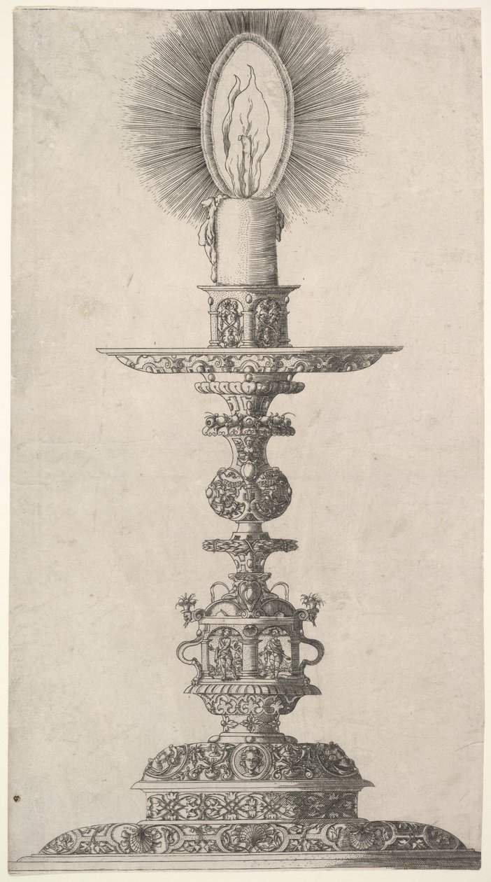 Kerzenhalter mit brennender Kerze aus: Insigne Ac Plane Novum Opus Cratero graphicum, 1551 von Mathias Zundt