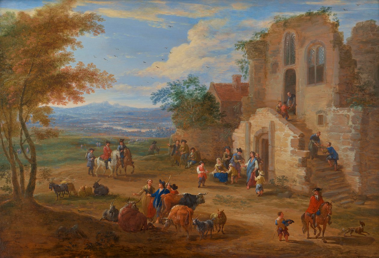 Eine Landschaft mit Almosenverteilung vor einer Ruinenabtei, um 1650-90 von Mathys Schoevaerdts