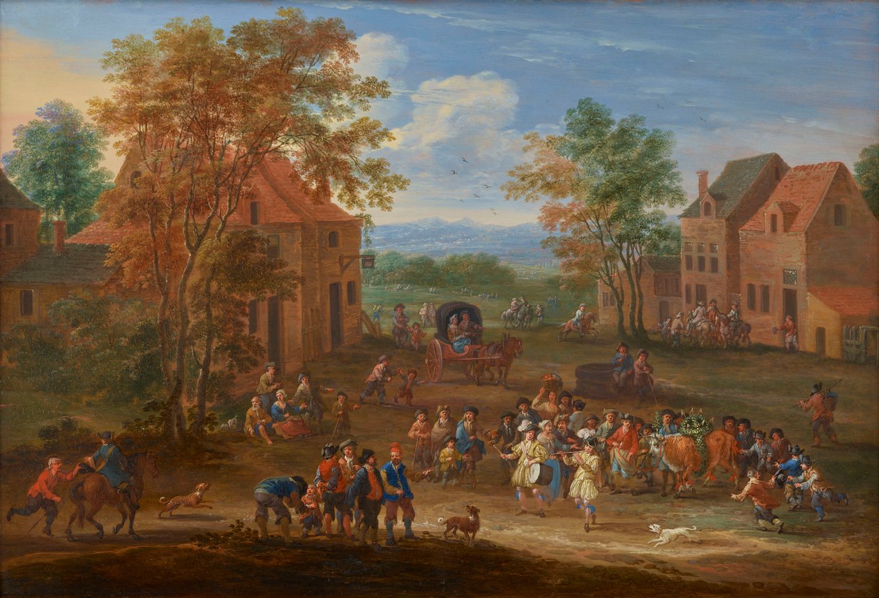 Dorflandschaft mit der Prozession des Osterochsen von Mathys Schoevaerdts