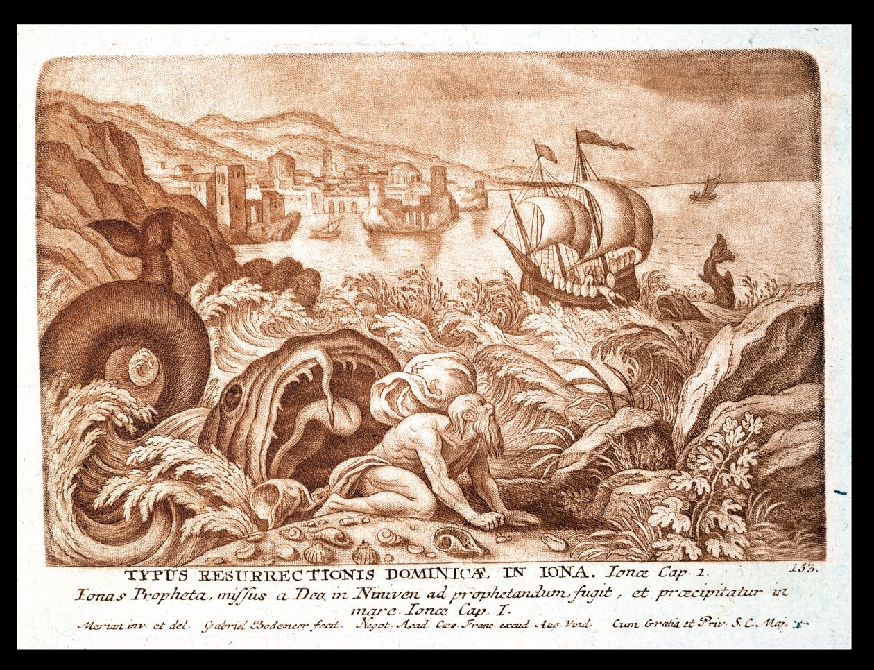 Jona und der Wal, Illustration aus einer Bibel, graviert von Gabriel Bodeneer (1673-1766) von Mattaus the Younger Merian