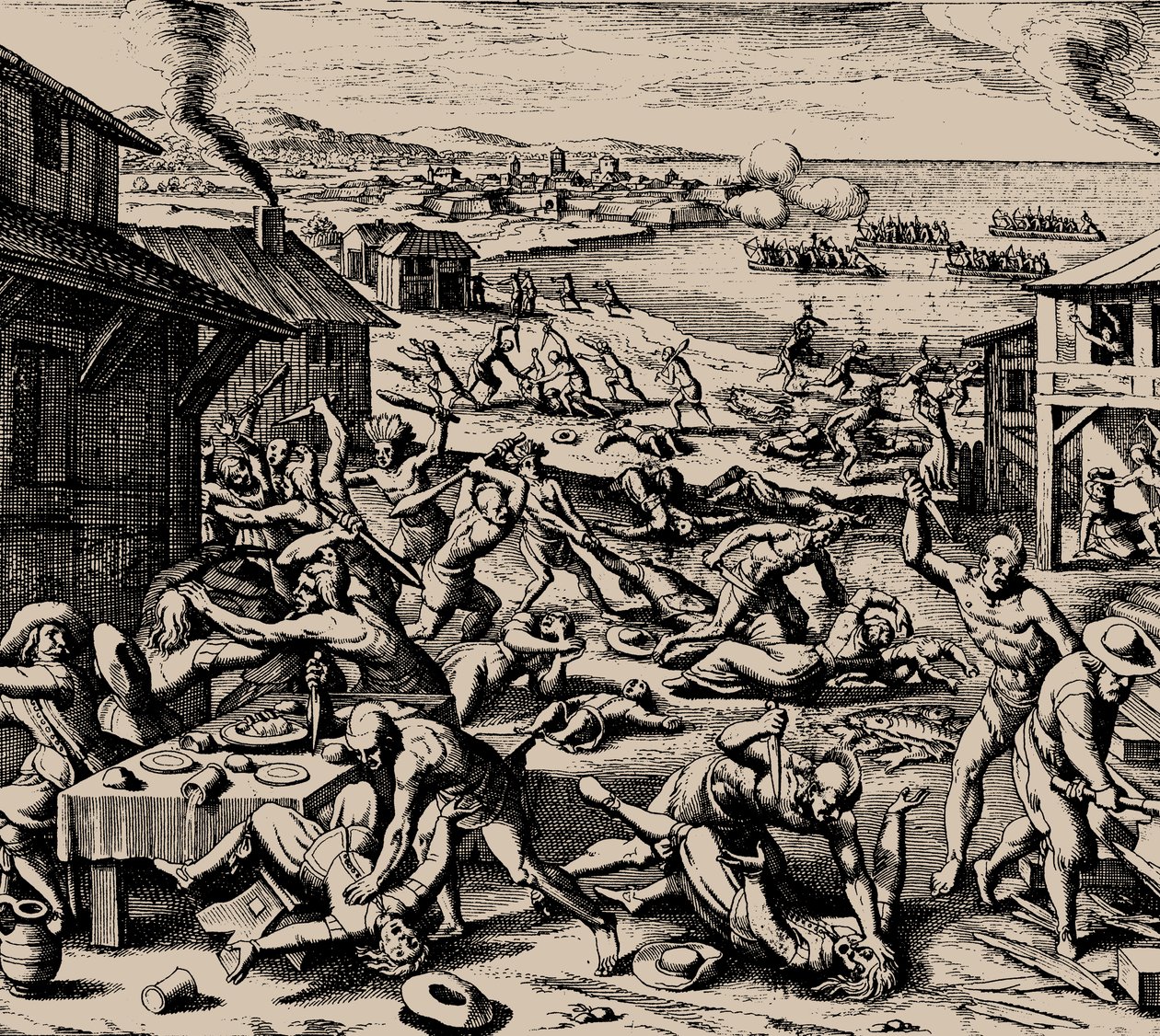 Powhatan-Angriff am 22. März 1622, 1628 von Matthaus the Elder Merian