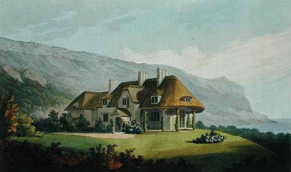 Reetgedeckte Strandvilla für James Vine Esq. in Puckaster, Isle of Wight, aus Villa Architecture: eine Sammlung von Ansichten mit Plänen von Gebäuden, die in England und Schottland ausgeführt wurden, von Robert Lugar von Matthew Dubourg