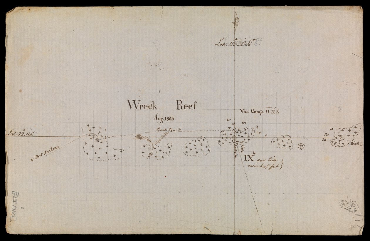 Grob skizzierte Karte von 'Wreck Reef' 1803 aus einer Sammlung ...
