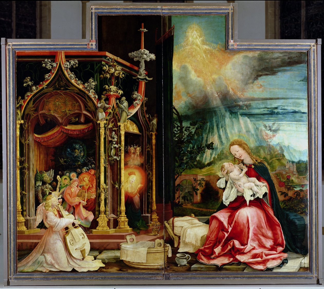 Der Isenheimer Altar. Zentrale Tafel: Konzert der Engel und Geburt Christi, 1506-1515 von Matthias Grünewald