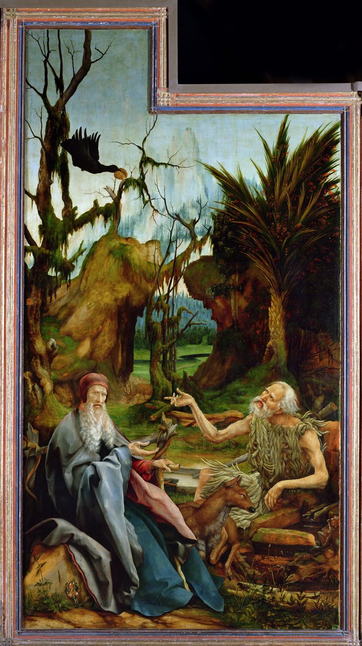 Der Isenheimer Altar. Linker Flügel: Begegnung von St. Antonius und St. Paulus dem Einsiedler in der Wüste von Matthias Grünewald