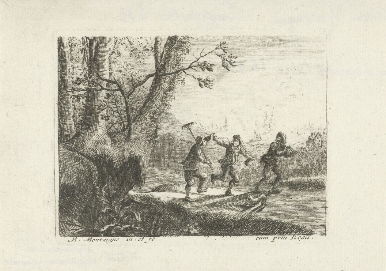Landschaft mit drei tanzenden Bauern von Matthieu van Plattenberg