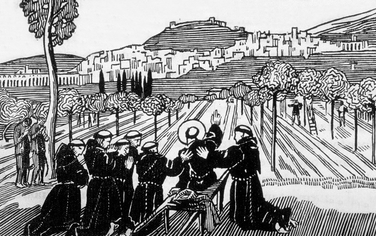 Tod des heiligen Franziskus von Assisi, der die Stadt Assisi segnet, graviert von Jacques Beltrand nach einer Zeichnung von Maurice Denis von Maurice (after) Denis