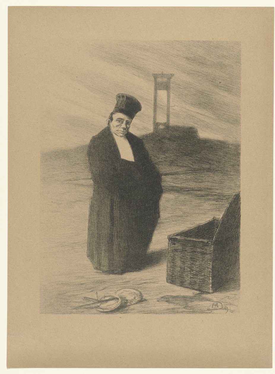 Richter vor Guillotine mit Korb und Waage Liebt einander Aimez-vous les uns les autres L