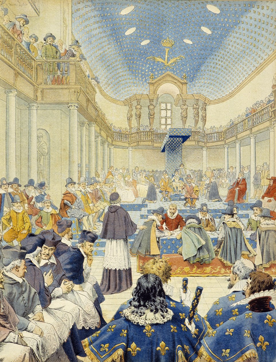 Richelieu hielt die Rede im Namen des Schreibers bei der Abschlussversammlung der Generalstände von 1614 - in „Richelieu“ von Maurice Leloir von Maurice Leloir