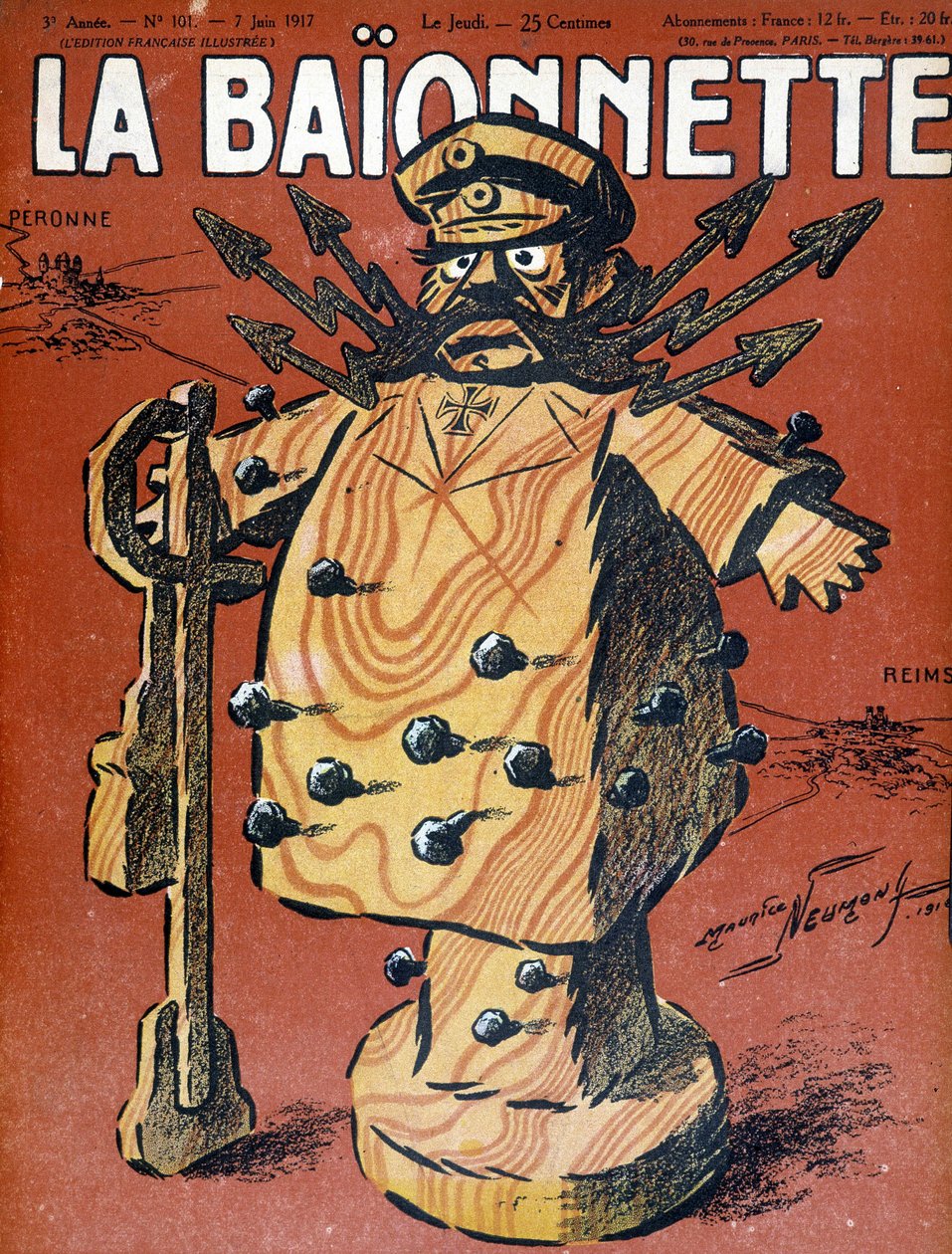 Karikatur von Hindenburg (1847 - 1934), deutscher Marschall und Staatsmann. Illustration des Covers der Zeitung „La Baionnette“ vom Juni 1917 von Maurice Louis Henri Neumont