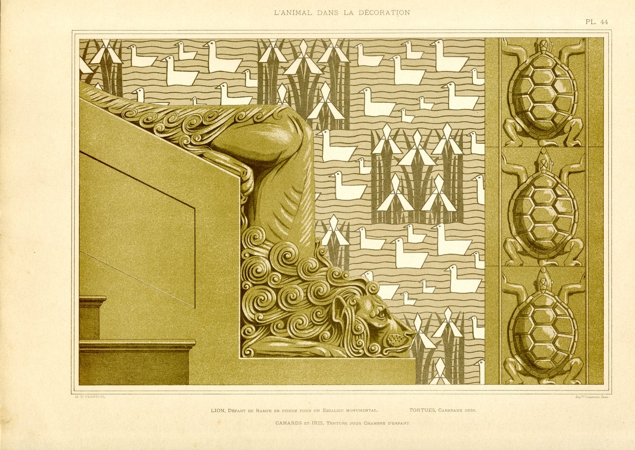 Architektonische Dekoration mit Löwenkopf, Enten und Schildkröten von Maurice Pillard Verneuil