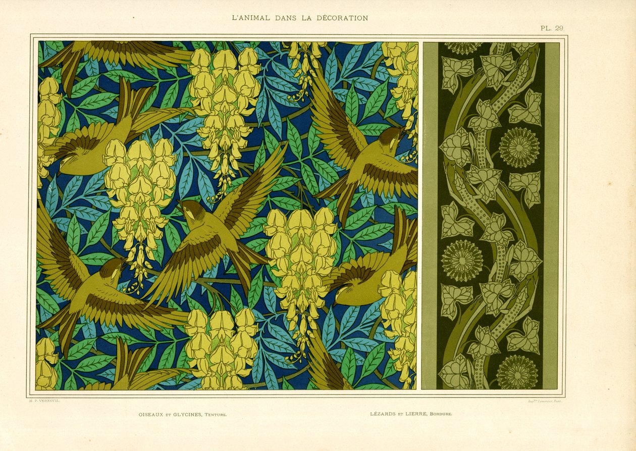 Vögel mit Glyzinien und Eidechsen mit Efeu von Maurice Pillard Verneuil