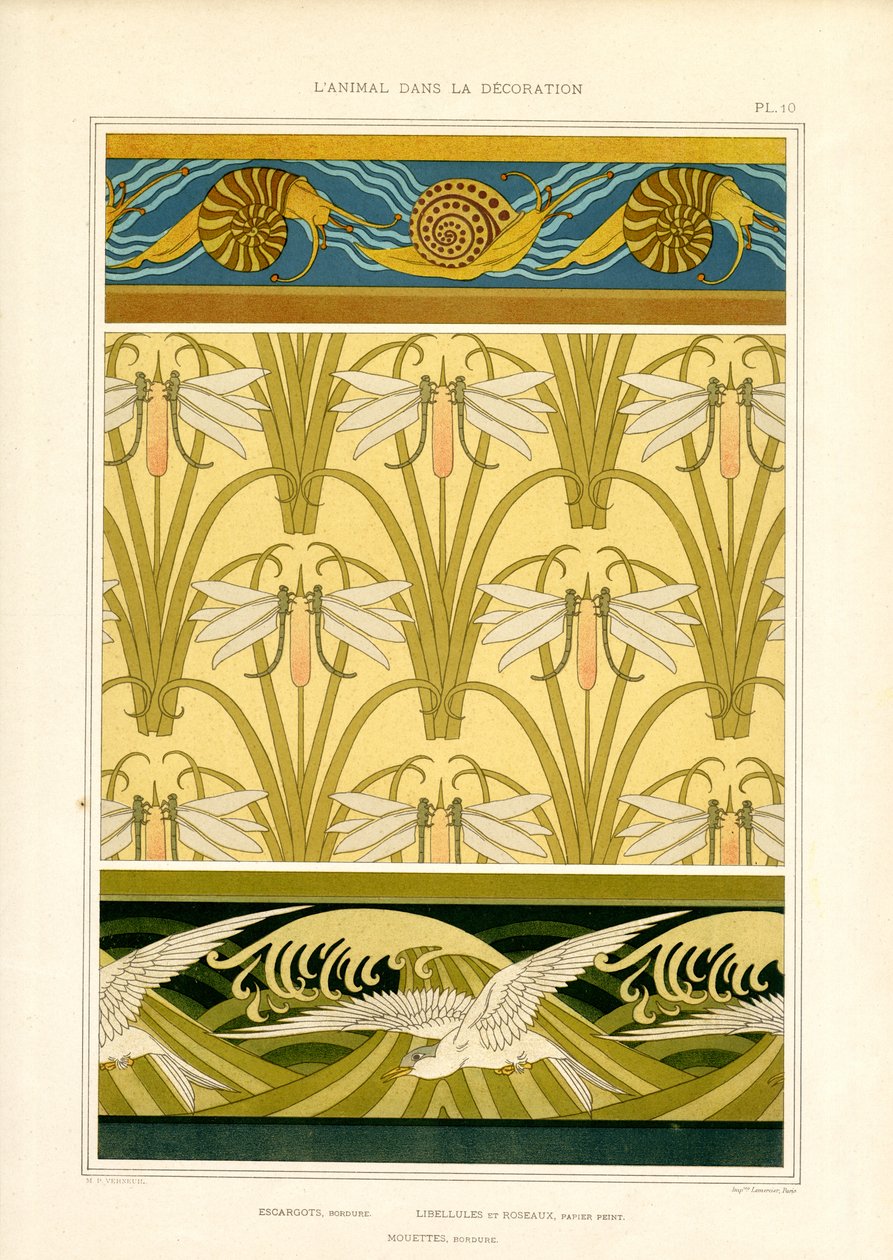Ränder und Oberflächenmuster mit Meerestieren, Libellen und Möwen von Maurice Pillard Verneuil
