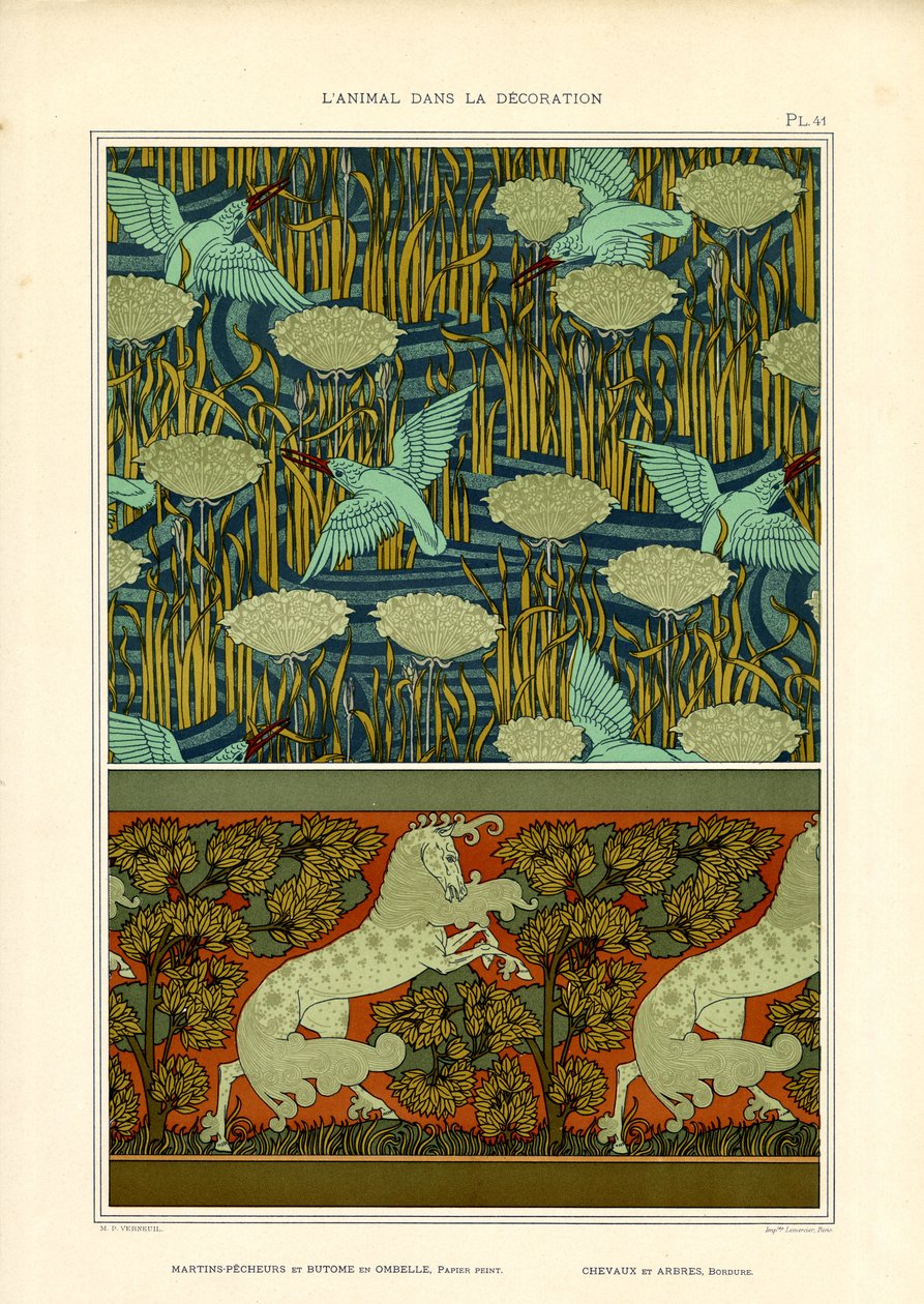 Eisvögel und Seerosen mit Pferdefries (Litho) von Maurice Pillard Verneuil