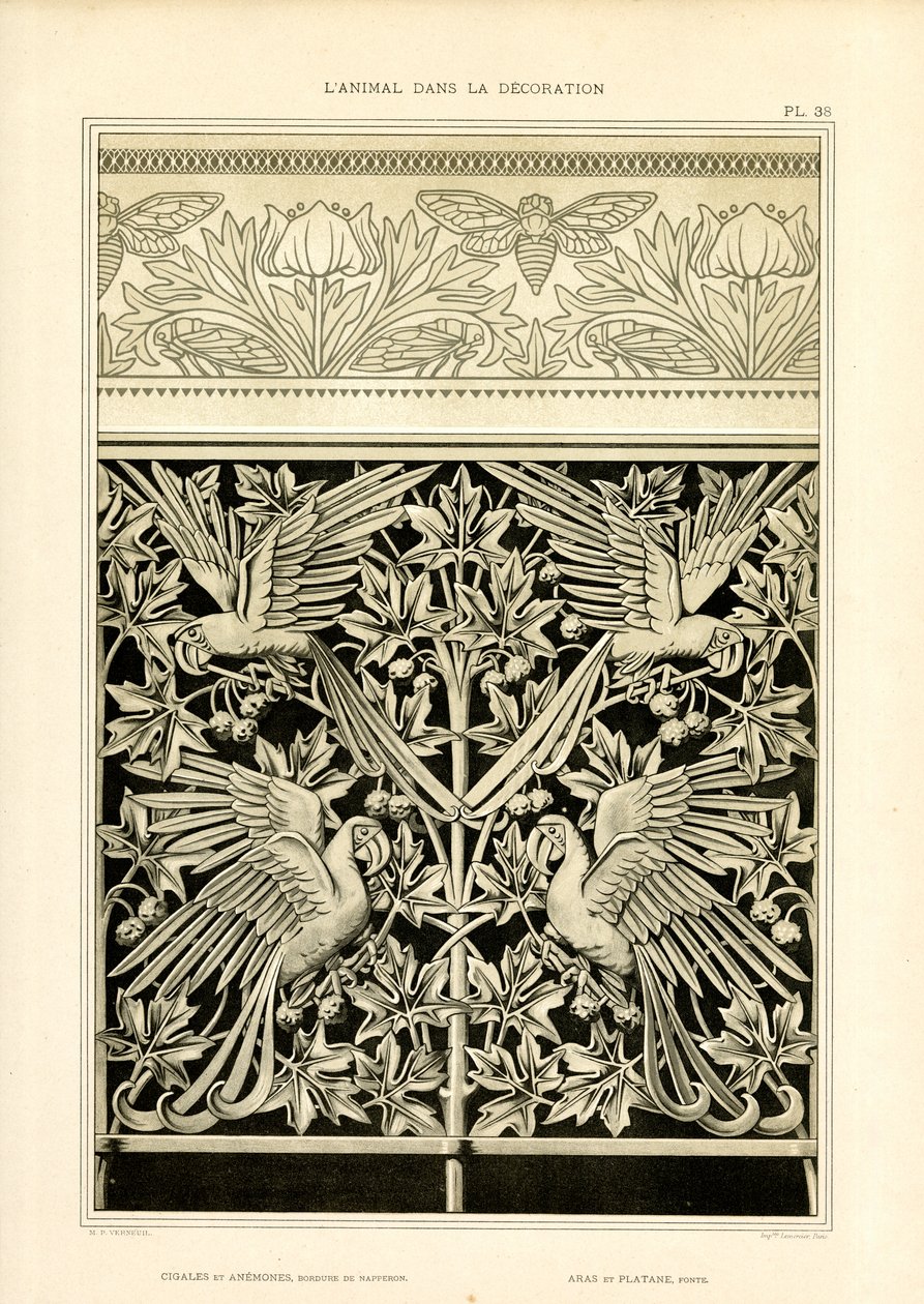 Ornamentale Kompositionen mit Papageien und Zikaden von Maurice Pillard Verneuil