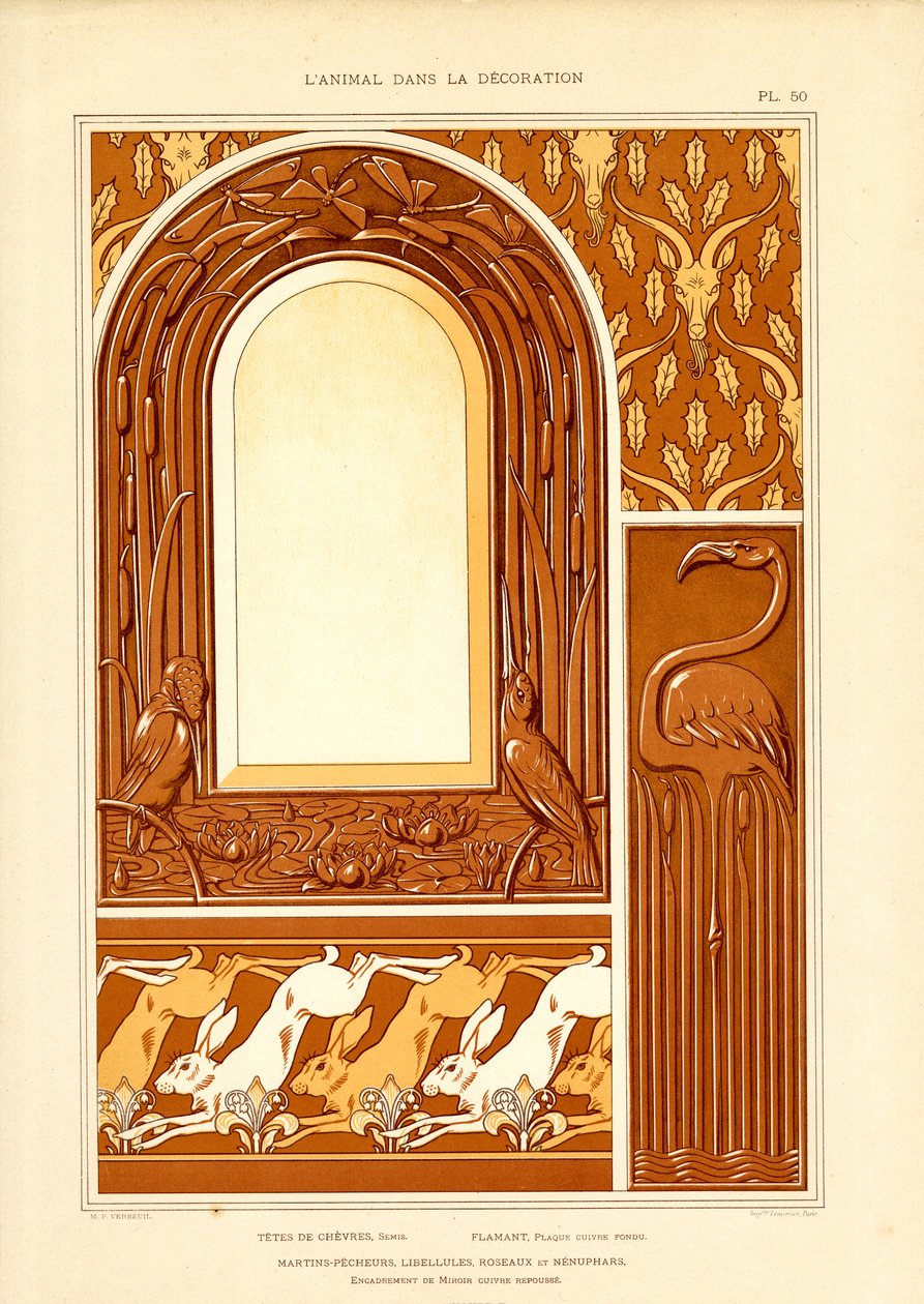 Ornamentaler Rahmendesign mit Wasservögeln und Hasen von Maurice Pillard Verneuil