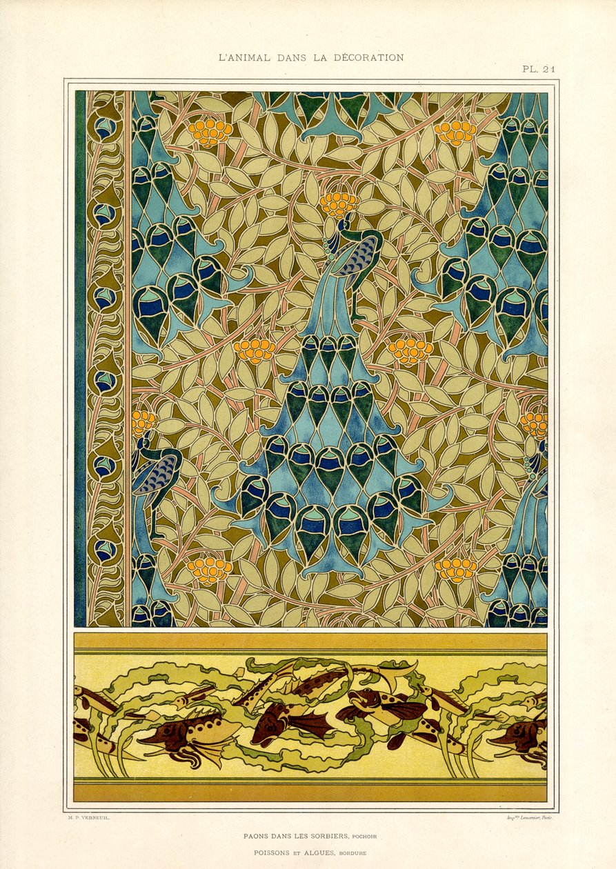 Pfauen und Fische in Jugendstilornamentik (Litho) von Maurice Pillard Verneuil