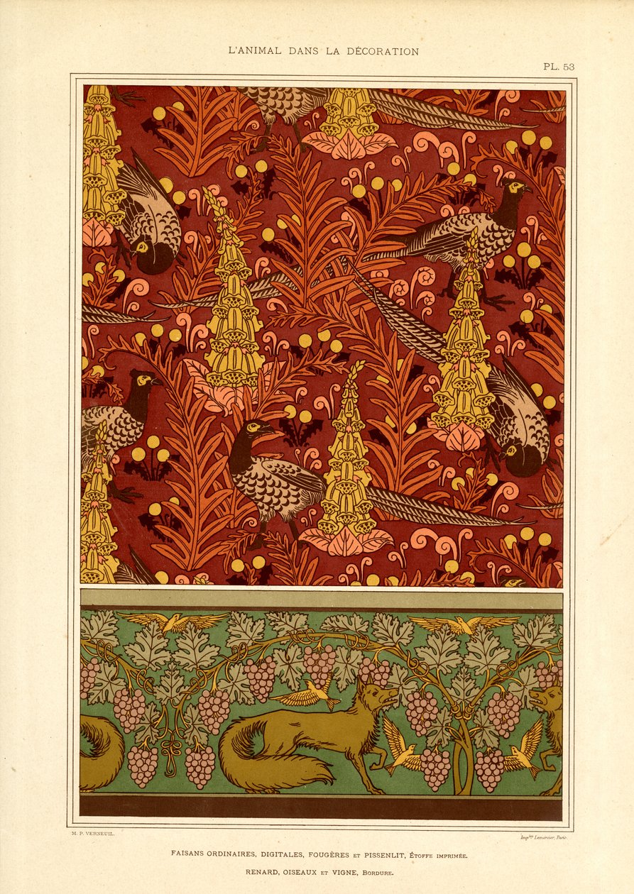 Oberflächenmuster mit Fasanen und Weinrand von Maurice Pillard Verneuil
