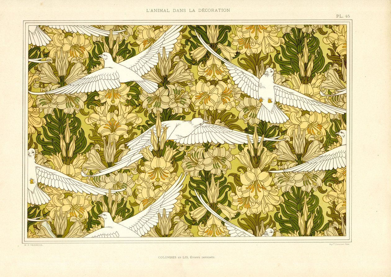 Textilmuster mit weißen Tauben und Lilien (Litho) von Maurice Pillard Verneuil