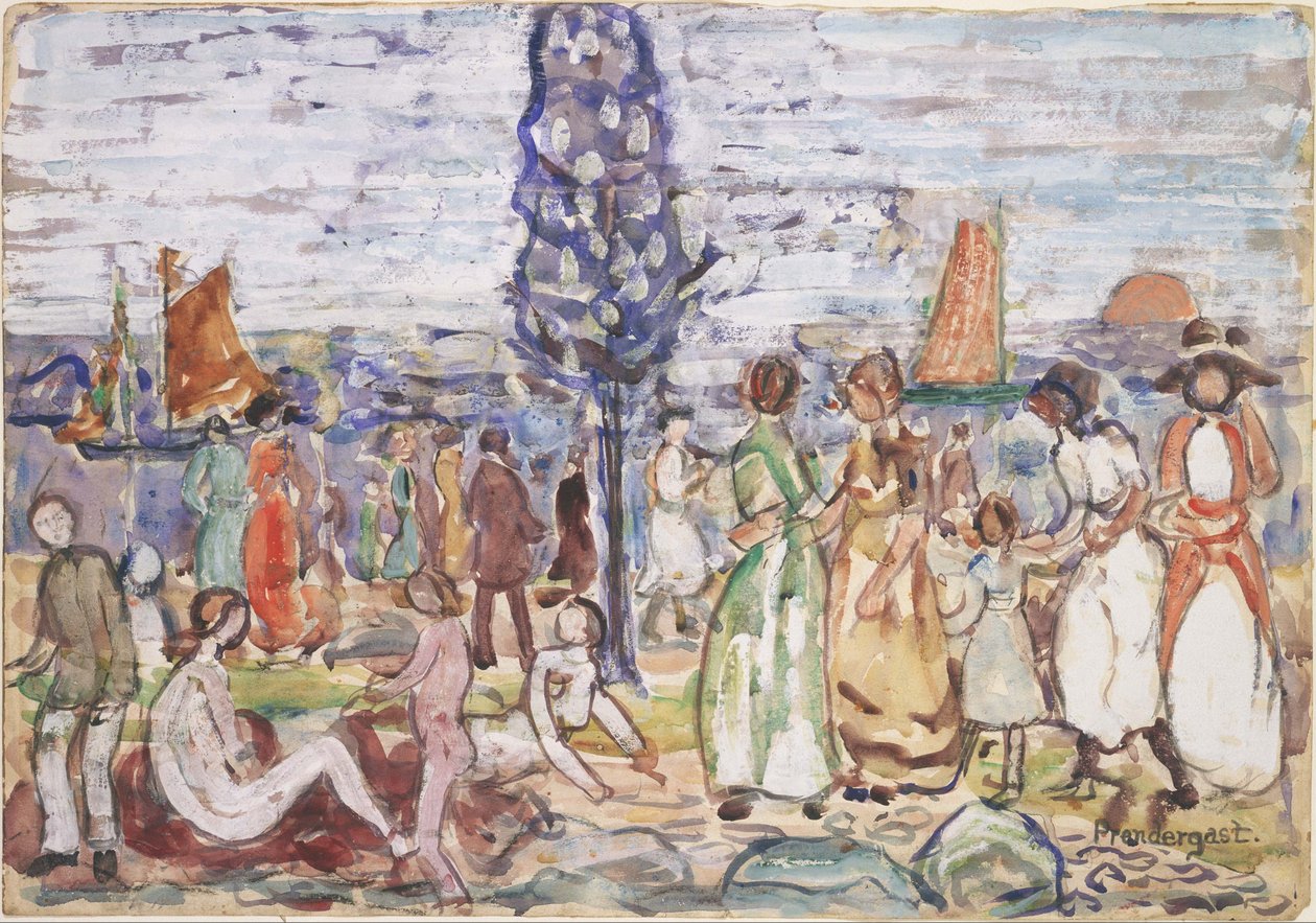 Strand mit blauem Baum von Maurice Prendergast
