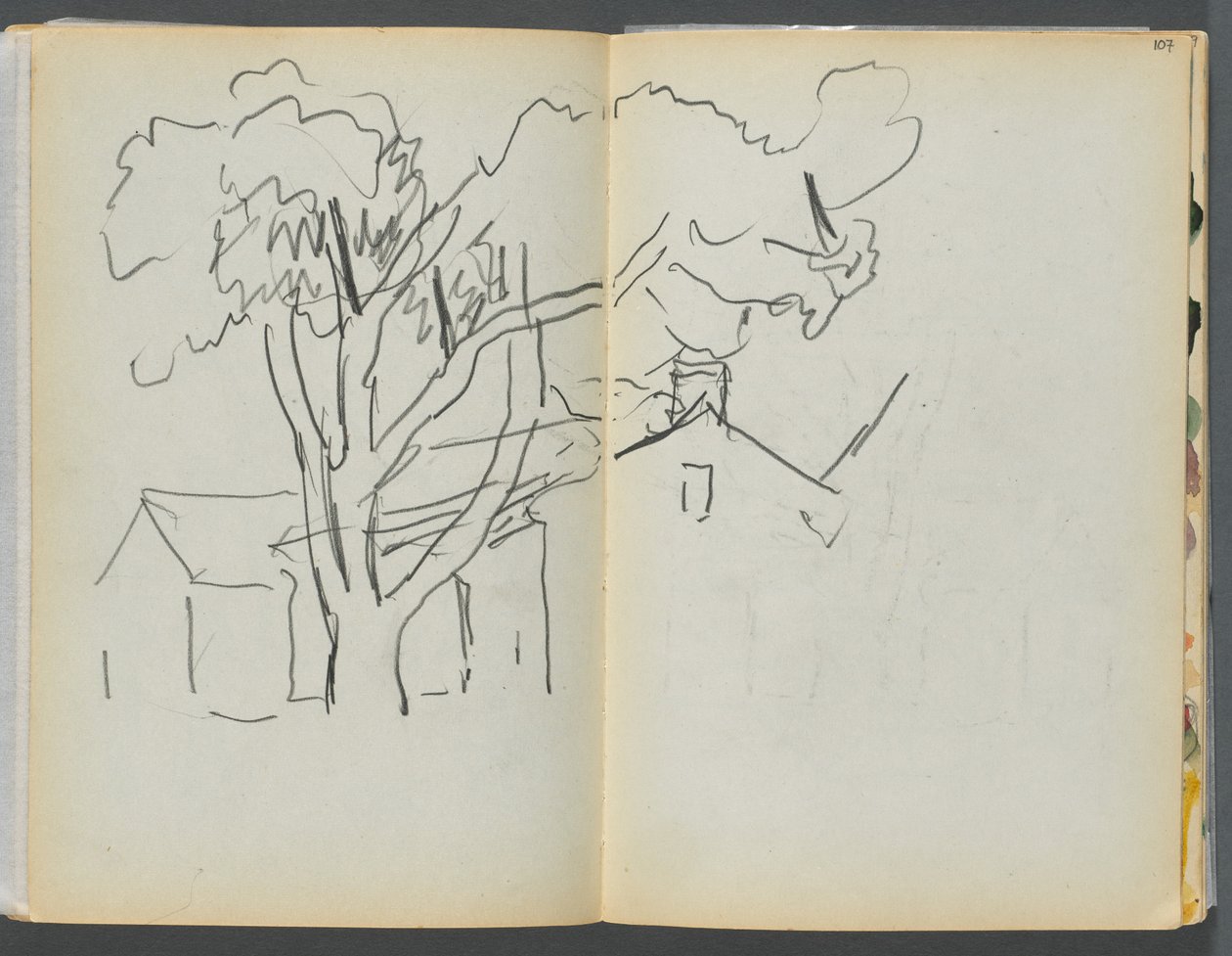 Skizzenbuch - Das Granite Shore Hotel, Rockport, Seite 106 & 107: Baum mit Häusern von Maurice Prendergast