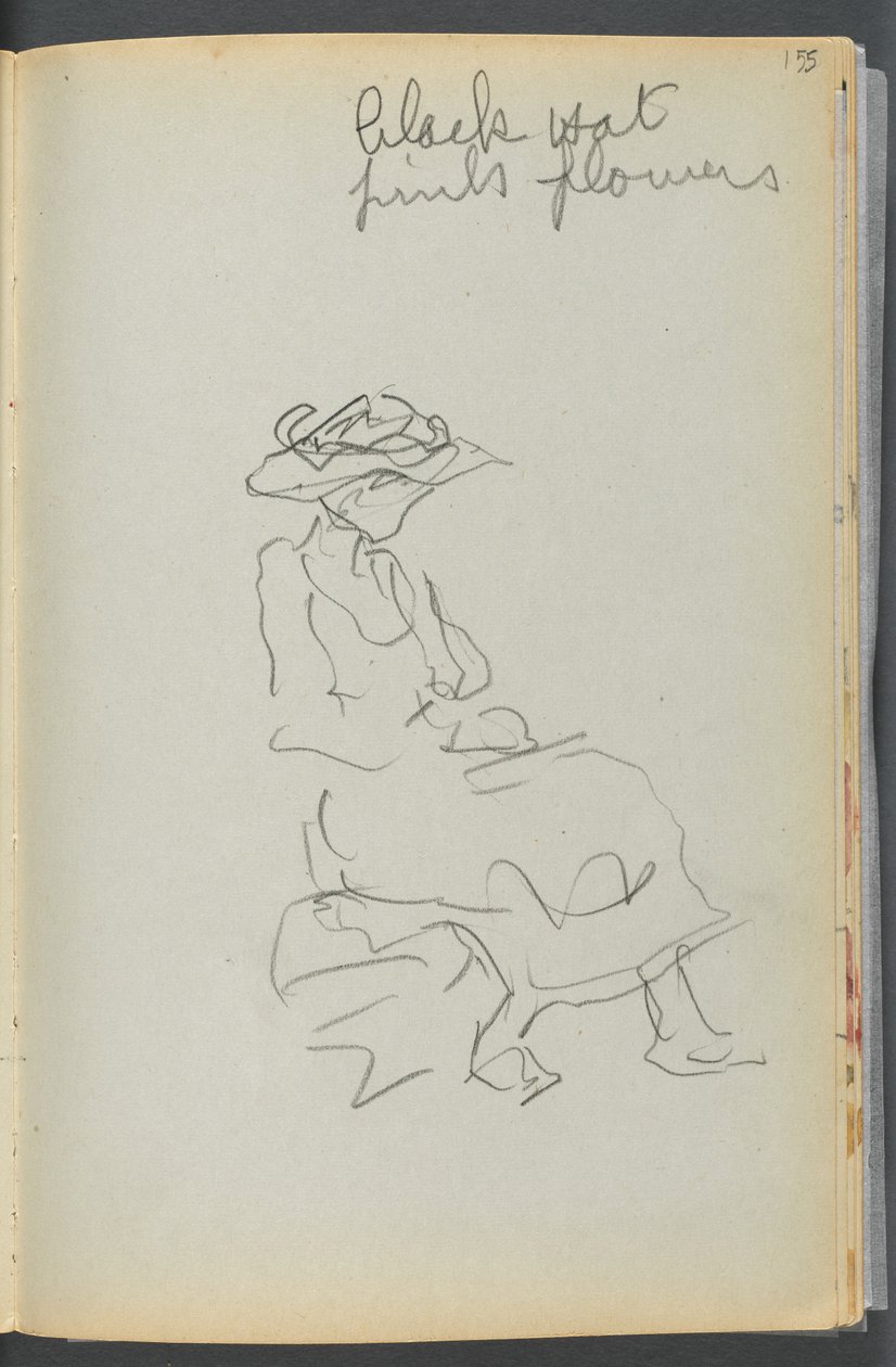 Skizzenbuch - The Granite Shore Hotel, Rockport, Seite 155: Sitzende Frau mit Notizen von Maurice Prendergast