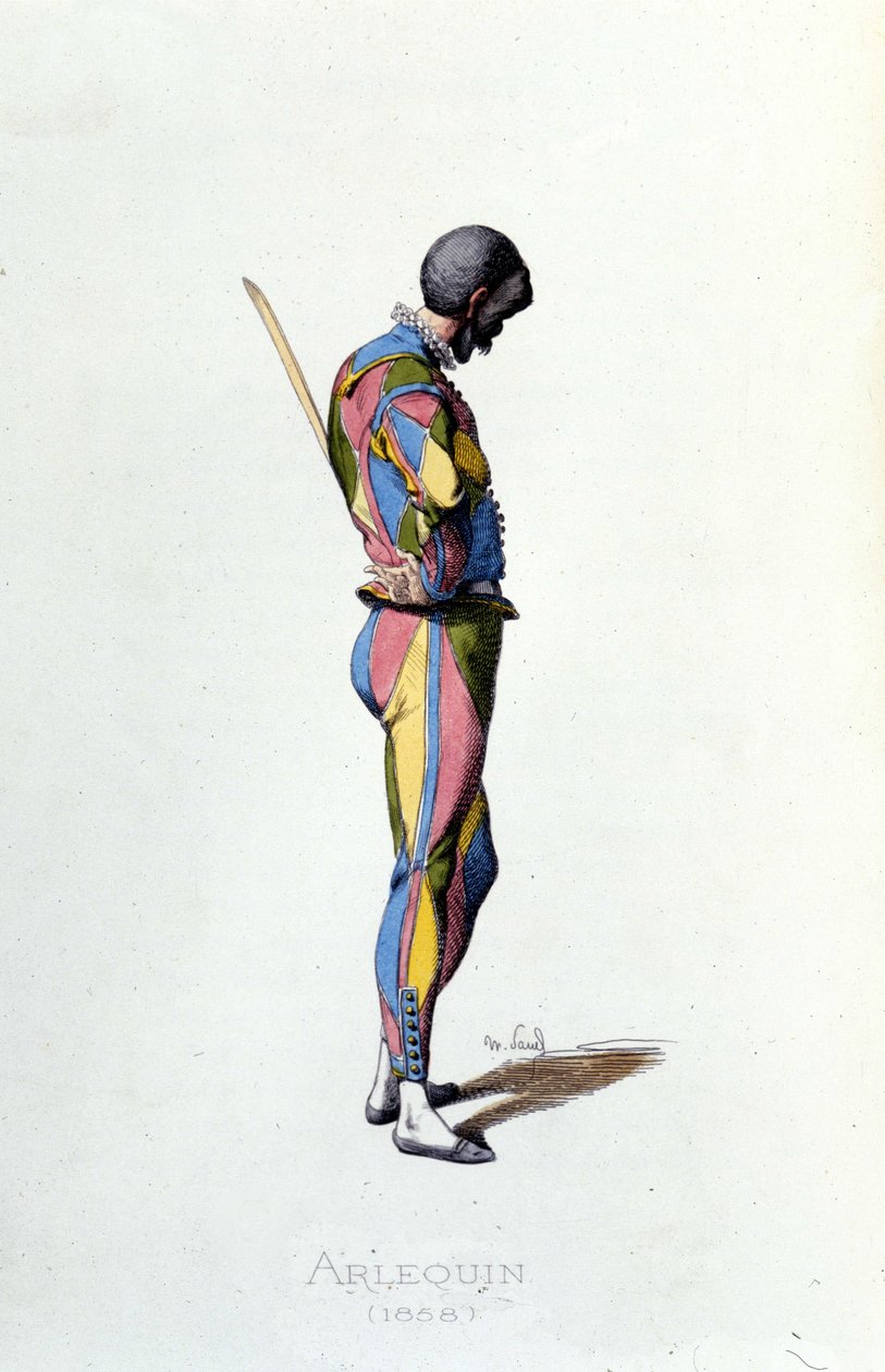 Harlekin im Jahr 1858. Maurice Sand „Masken und Narren“ Paris 19. Jahrhundert. von Maurice Sand