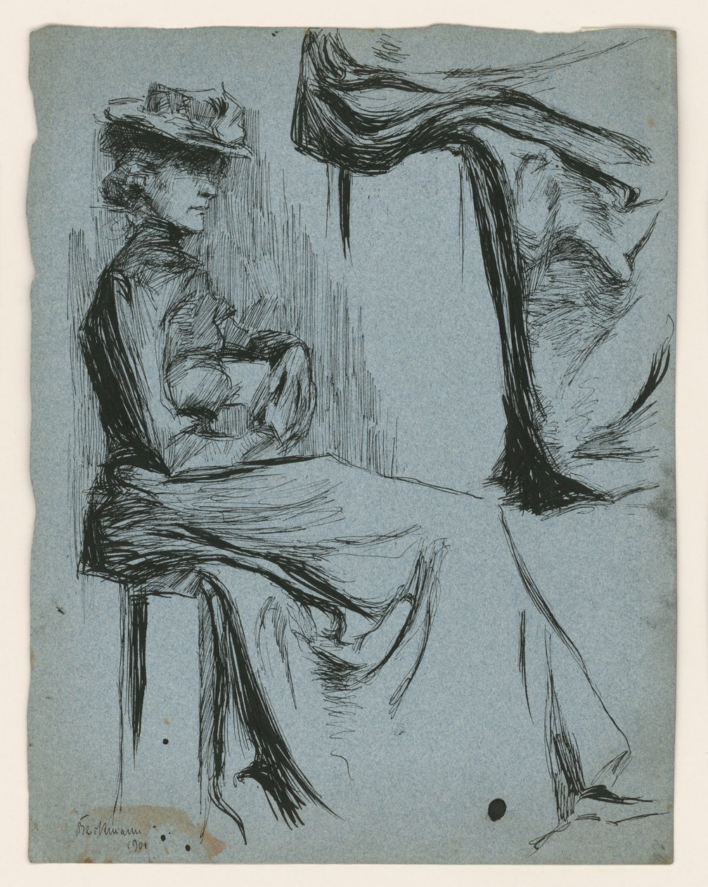 Sitzende Frau mit Hut, im Profil nach rechts, und Detailstudie ihres Kleides von Max Beckmann