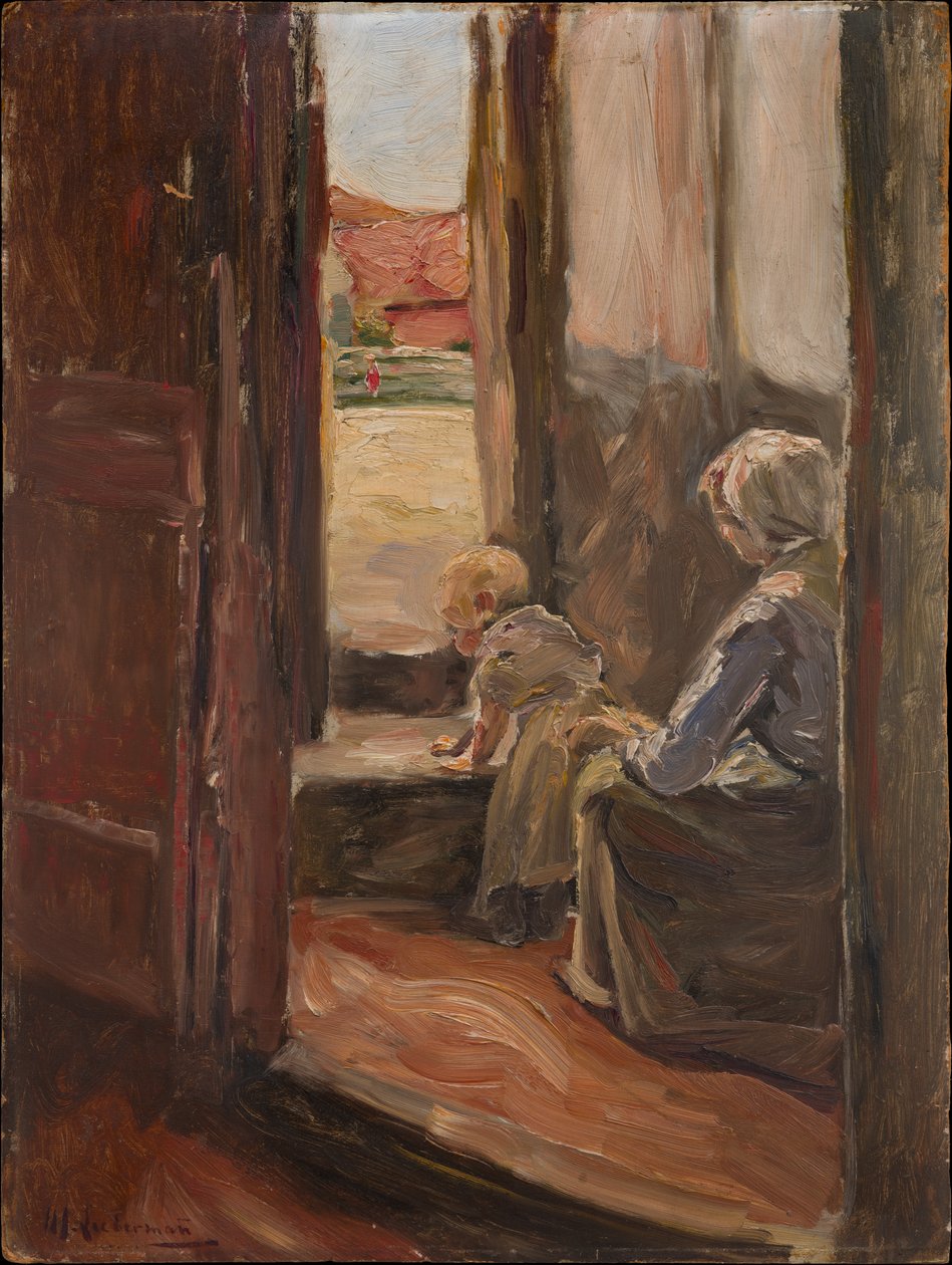 Der erste Schritt (Mutter und Kind, kleine Skizze) von Max Liebermann