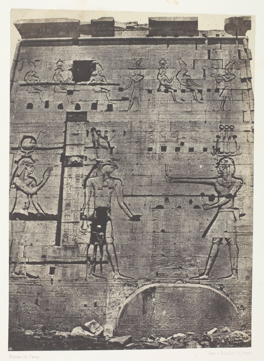 Großer Tempel der Isis in Philae, Zweiter Pylon; Nubien, Platte 74 aus dem Album "Ägypten, Nubien, Palästina und Syrien" (1852) von Maxime Du Camp