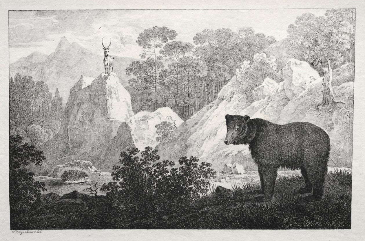 Gebirgslandschaft mit Bär im Vordergrund von Maximilian Josef Wagenbauer