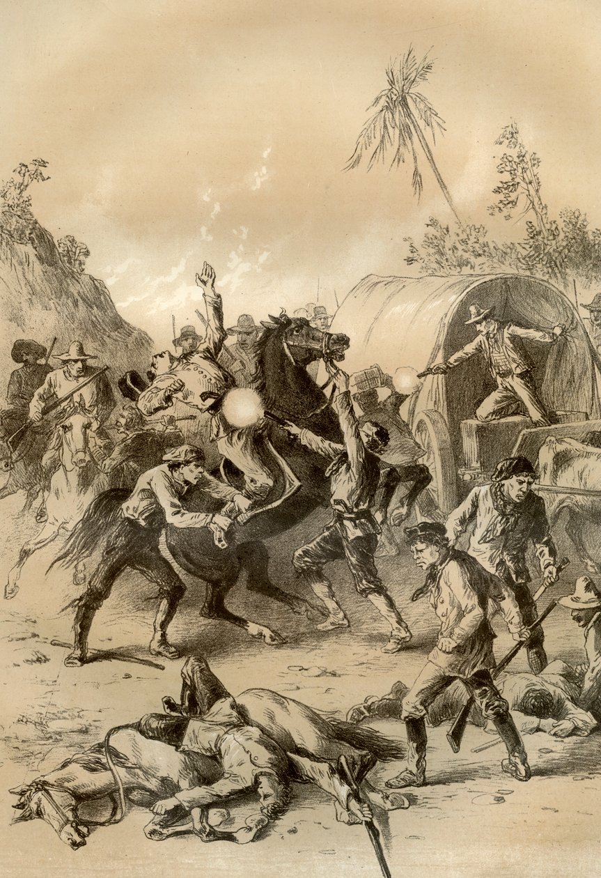 Gold-Eskorte von Buschräubern angegriffen, Australien, 1879 von McFarlane and Erskine