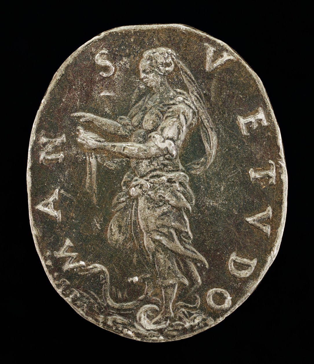Sanftmut, die auf einer Schlange steht [Rückseite] von Medallist T.R.