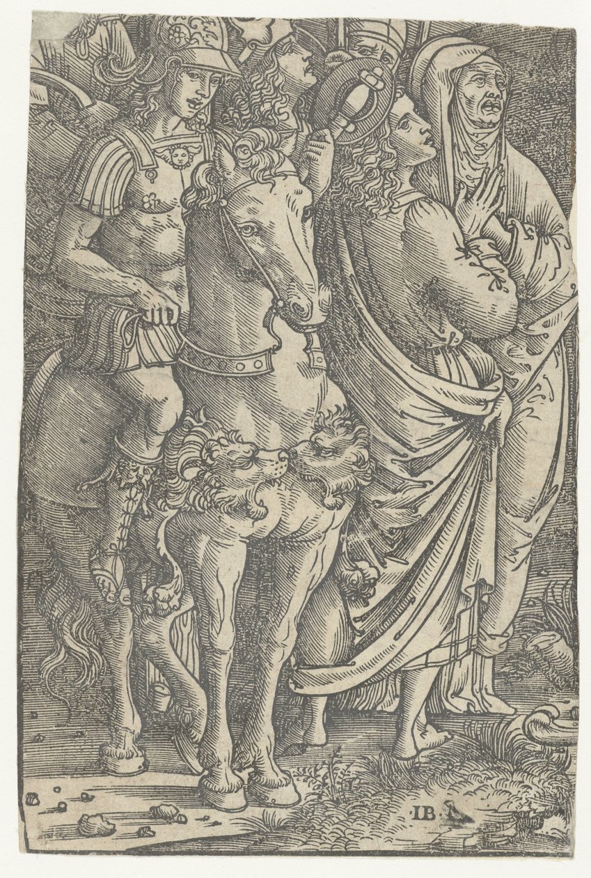 Fragment einer Kreuzigung mit Johannes dem Evangelisten und Maria und Soldaten von Meester IB met de vogel