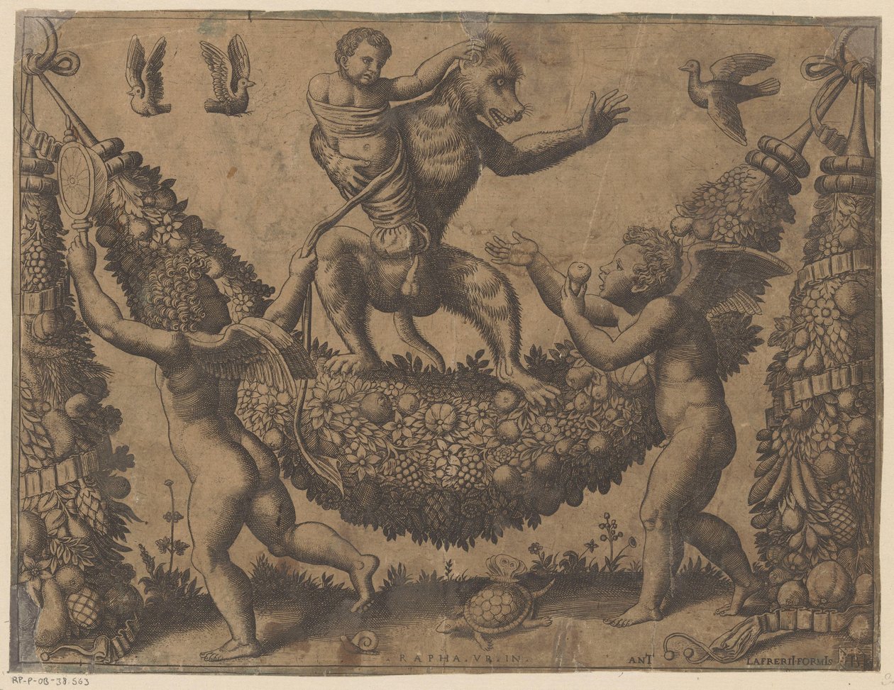 Putti, die einen Affen verspotten von Meester van de Dobbelsteen