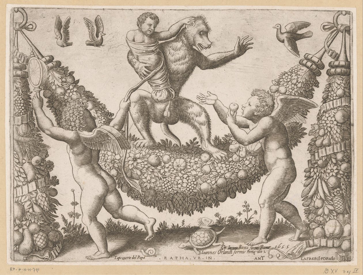 Putti verspotten einen Affen Tapisserien des Papstes (Serientitel) von Meester van de Dobbelsteen