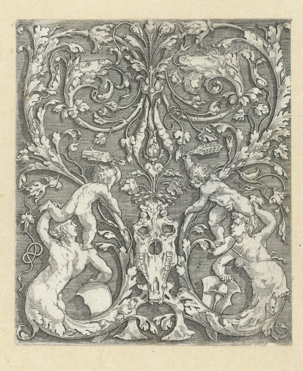 Ornament mit zwei Kindern und einem Pferdeschädel von Meester van de Paardenhoofden