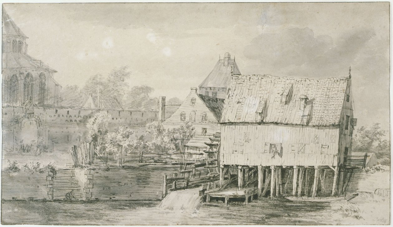 Die sogenannte Bergkerk und Wassermühle in Deventer (Lugt 43) von Meindert Hobbema