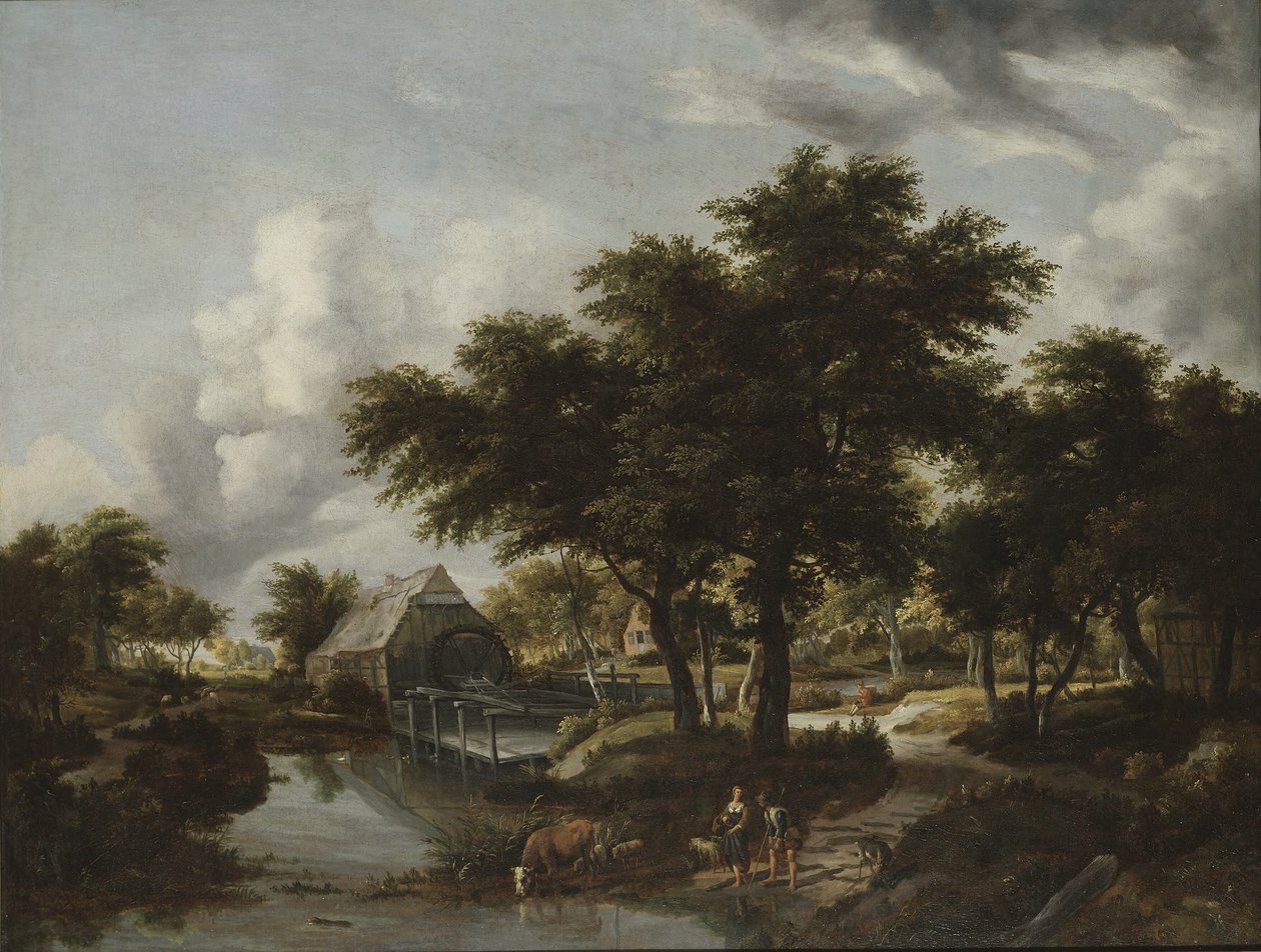 Waldlandschaft mit einer Wassermühle von Meindert Hobbema