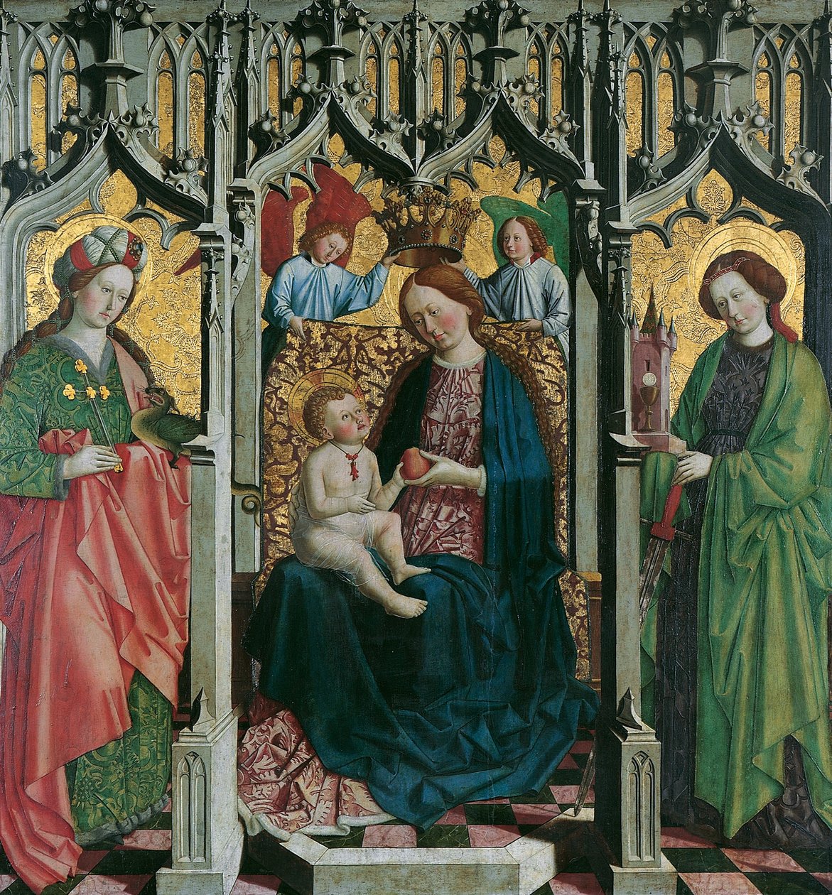 Thronende Maria mit den Heiligen Margarethe und Barbara (Vorderseite); Schmerzensmann in Rankenornament (Rückseite) von Meister von Uttenheim
