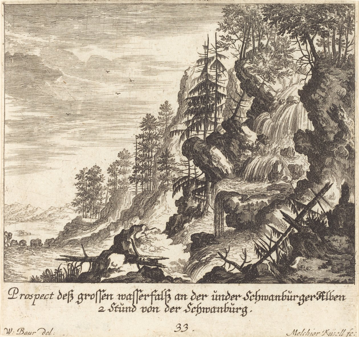 Großer Wasserfall, Schwanburg von Melchior Küsel after Johann Wilhelm Baur