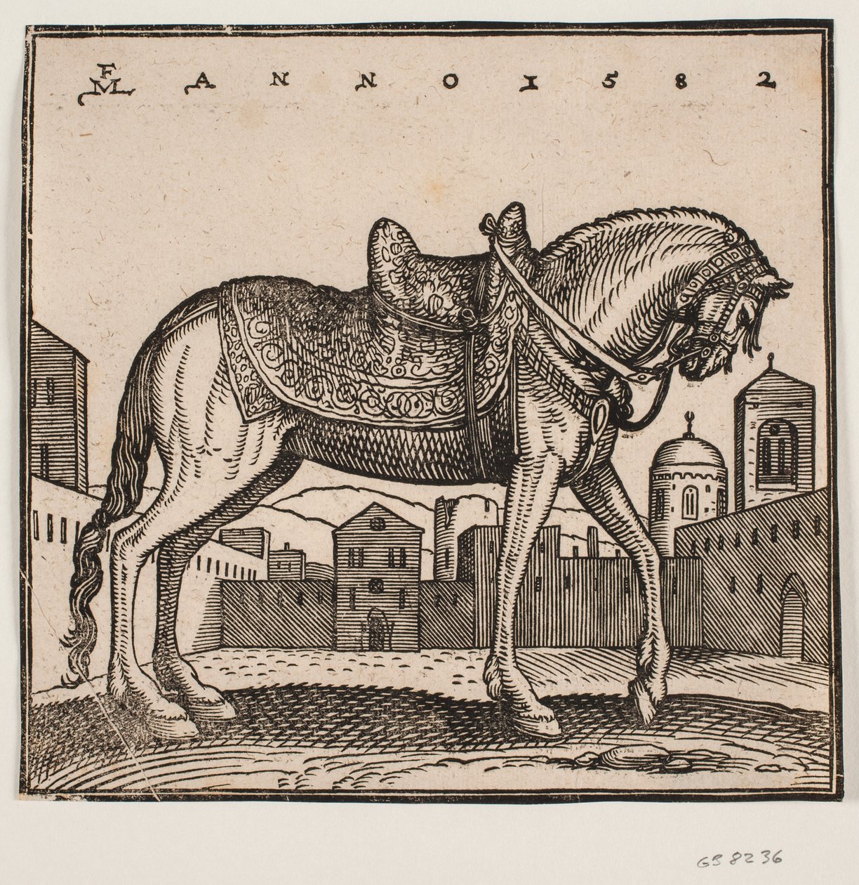 Elegantes gesatteltes Pferd, Profil nach rechts, auf einem rechteckigen Platz von Melchior Lorck