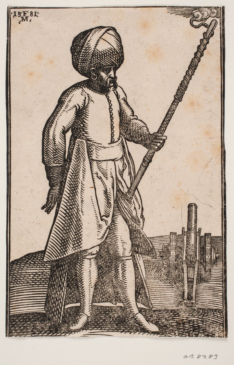 Ein Kanonier bei seiner Kanone, in einer offenen Landschaft von Melchior Lorck