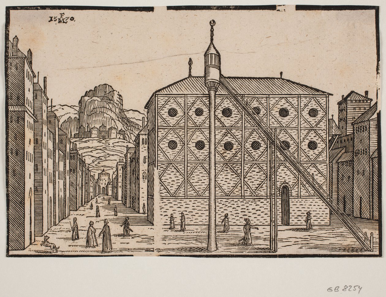 Straße, im Vordergrund Moschee und freistehendes Minarett von Melchior Lorck