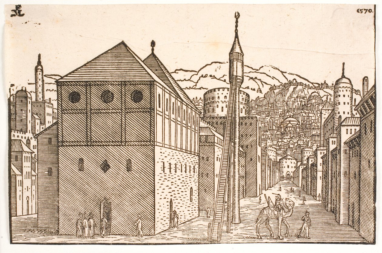 Moschee mit freistehendem Minarett mit Außentreppe von Melchior Lorck