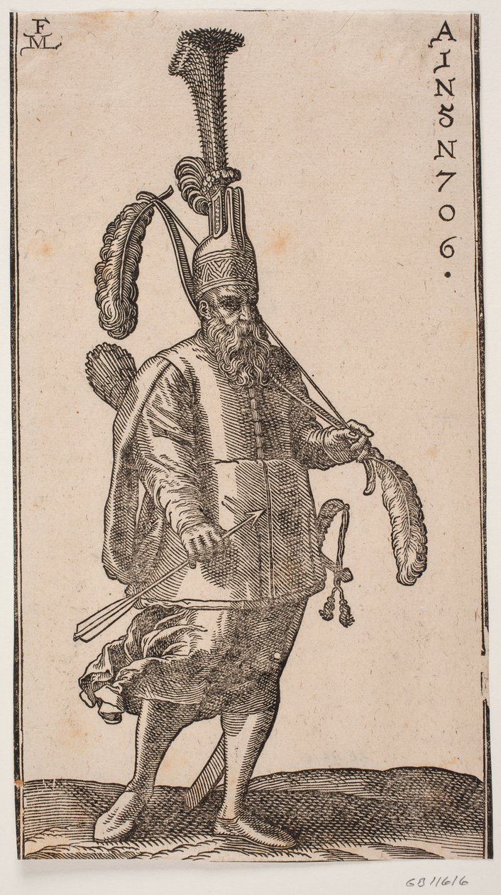 Stehender Soldat, nach rechts gewandt; Kopfbedeckung mit sehr hohem aufrechtem Federbusch; in der linken Hand ein Bogen mit großen Federn an beiden Enden; in der rechten Hand ein Pfeil; auf dem Rücken ein Köcher und an der Seite ein Schwert von Melchior Lorck