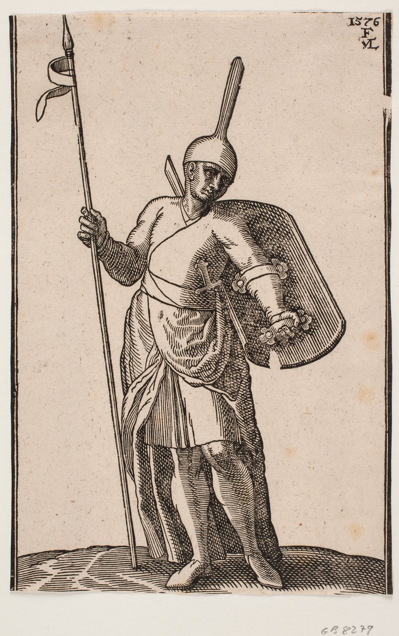 Stehender Soldat, frontal gesehen; Kopfbedeckung mit hohem, dünnem Top; in der rechten Hand ein Speer, auf dem linken Arm ein Schild, der von innen zu sehen ist von Melchior Lorck