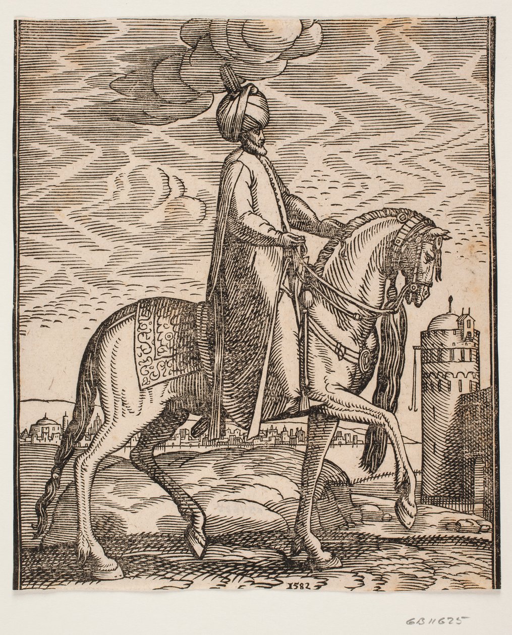 Reiter mit Turban, mit Keule an der rechten Seite des Pferdes; Profil nach rechts; auf der rechten Seite des Bildes eine Mauer mit einem Tor und einem runden Turm von Melchior Lorck